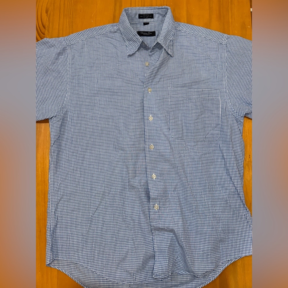 Dior Men’s Blue and White Gingham Short-Sleeve Button-Down Shirt